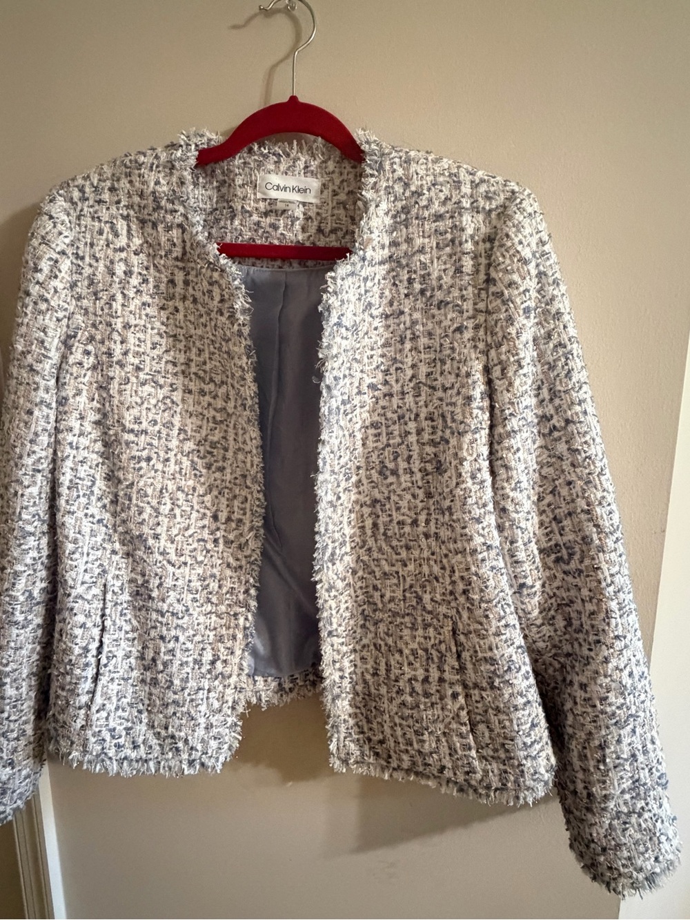 Calvin Klein Cream and Gray Bouclé Open-Front Jacket